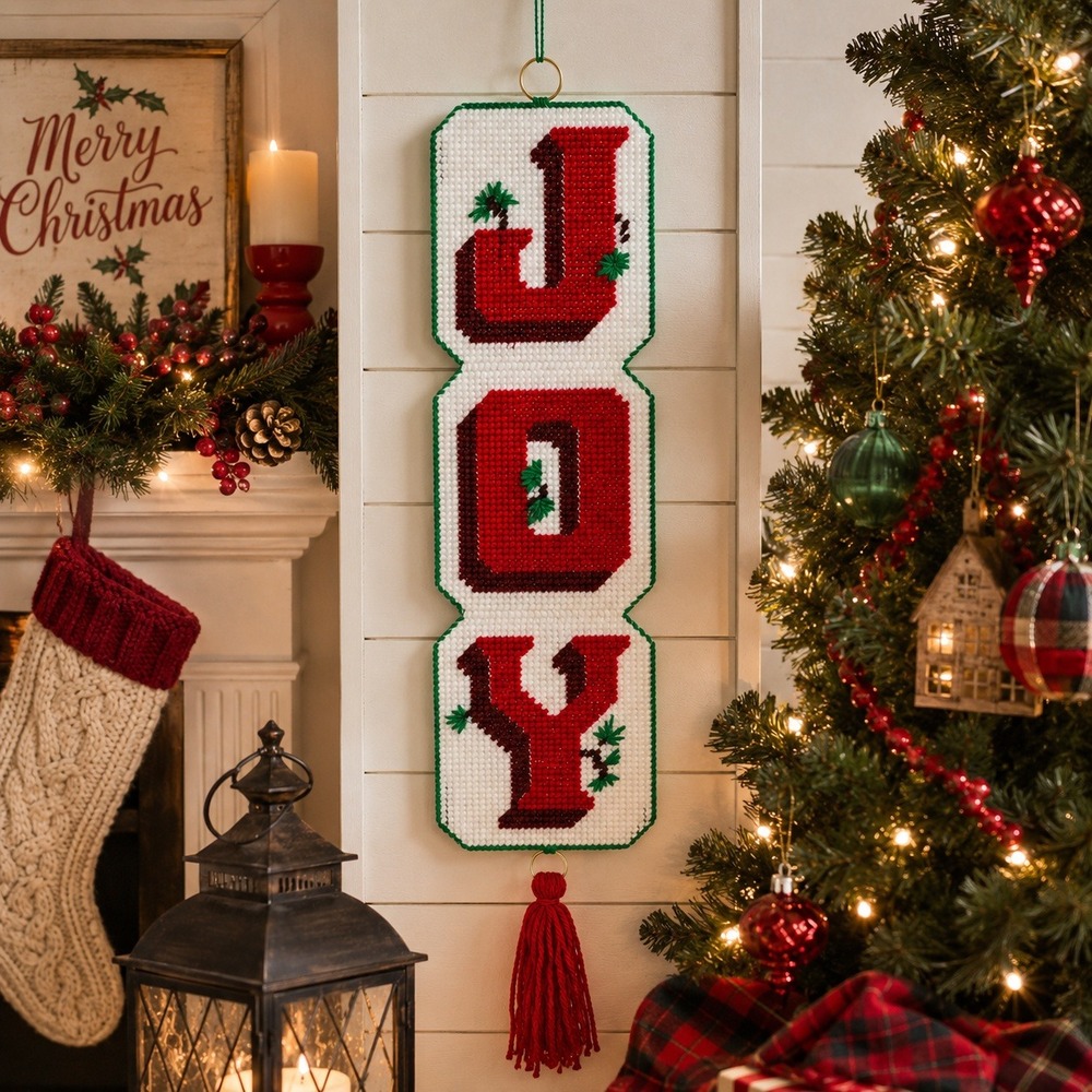 Vintage Handmade JOY Plastic Canvas Needlepoint Christmas Wall Hanging Tassel